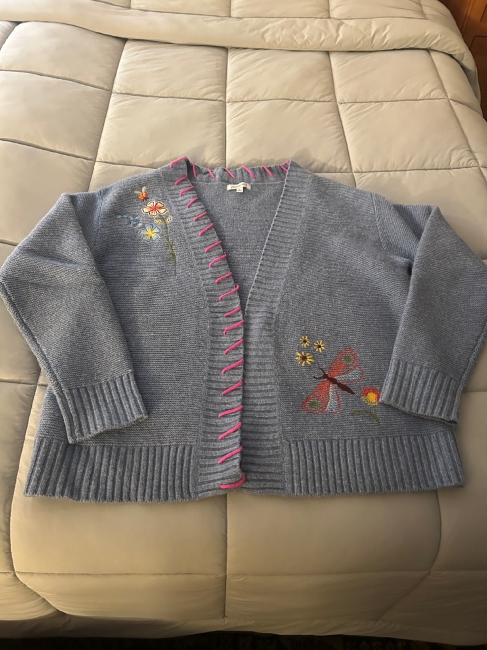 Johnny Was Light medium blue Embroidered Cardigan with Pink Accent